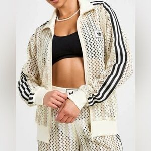 adidas Originals Cream Mesh Bomber Jacket with Black Stripes